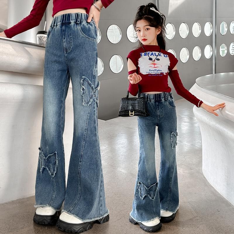 Children's Clothing, Girls' Jeans, Spring and Autumn Style Long Pants, Medium and Large Children's Casual Slim Fit Mid-Waist Pants, Girls' Flared Pants