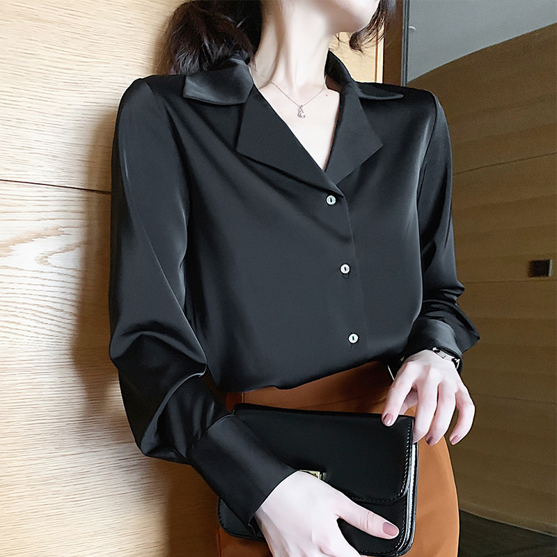 JACOOBS black satin shirt women's suit collar ol satin design niche vintage Hong Kong style shirt
