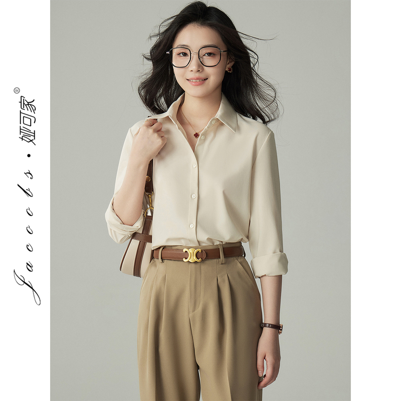 Yakejia Version 2.0 Upgrade Cream-Colored Long-Sleeve Shirt for Women, Autumn Flowy Shirt, Commuting Style, Professional Top Yakejia Version 2.0 Upgrade Cream-Colored Long-Sleeve Shirt for Women, Autumn Flowy Shirt, Commuting Style, Professional Top