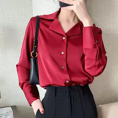 JACOOBS scarlet satin shirt female design sense niche suit collar retro port flavor temperament