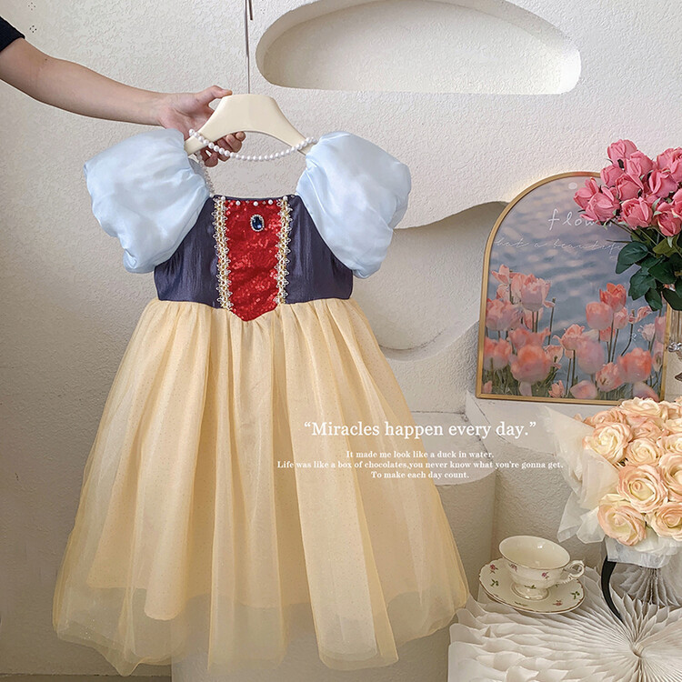Baby Girl Disney Snow White Dress Summer Fashionable Dress Sweet Puff Sleeve Birthday Dress