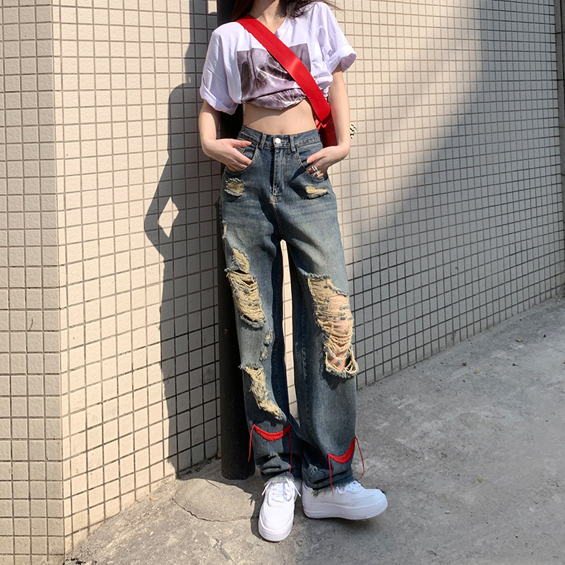 Spring Summer Break Cave Jeans Woman High Street Tide Ins Beggar Personality Loose Straight Drum High Waist Wide Leg Hiphop Fried Street