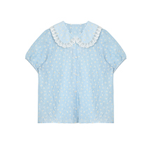(Spot Benefits) Blue Crushed Flowers Little Fresh Sweetwear Blouse Shirt Loose Short Sleeve Woman