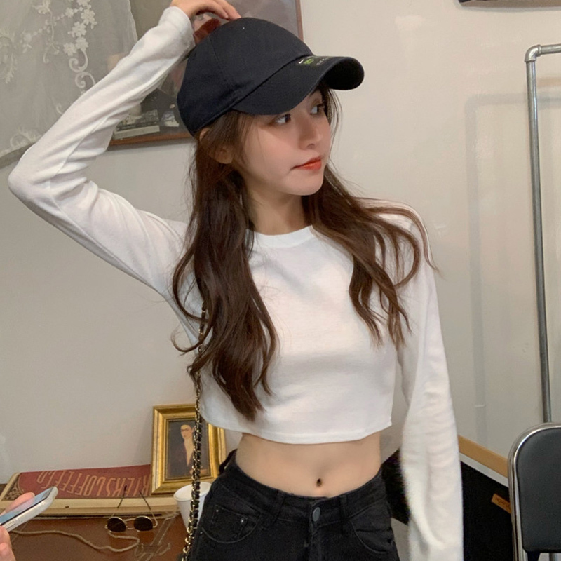 Jennie-Style Jazz Dance White Top for Women, Spring and Autumn High-Waisted Short Crop Top with Long Sleeves, Inner Layering Shirt