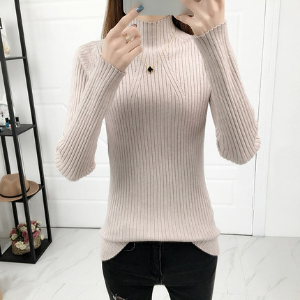 新款秋冬韩版纯色紧身显瘦半高领女装百搭针织打底衫女长袖上衣毛