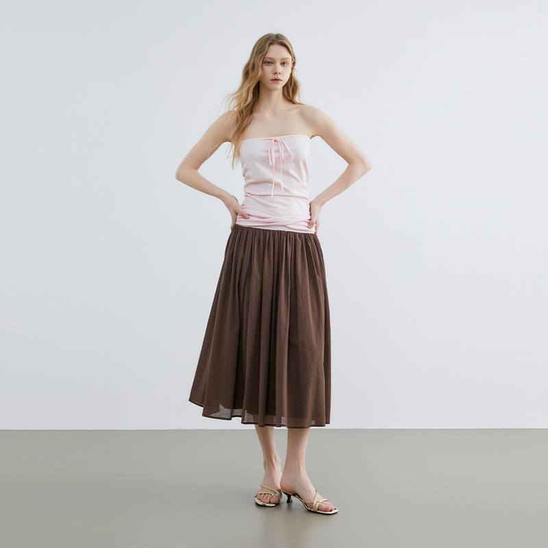 Lentoile Elegant Pink Lace-Up Knitted Tube Top Dress with Hem Splicing