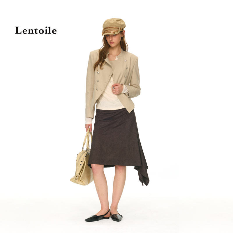 Lentoile Retro Napoleon Metal Double-Breasted Short Jacket with Straight Shoulders and Stand Collar, Elegant Jacket for Women