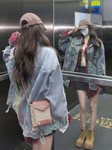 2022 spring and autumn new retro American style ripped denim jacket womens ins tide loose Hong Kong style niche jacket tops