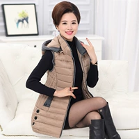 Áo bà mẹ cotton mùa đông dày lên đoạn dài áo vest cỡ lớn cho phụ nữ trung niên trùm đầu Áo khoác cotton mỏng áo vest nữ trung niên