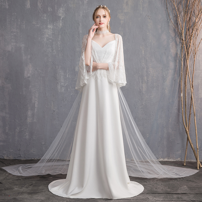 Pháp váy cưới ánh sáng 2020 mới cô dâu giấc mơ sen dòng v-cổ đơn giản khí dài tay áo satin kéo nhỏ đuôi siêu cổ tích