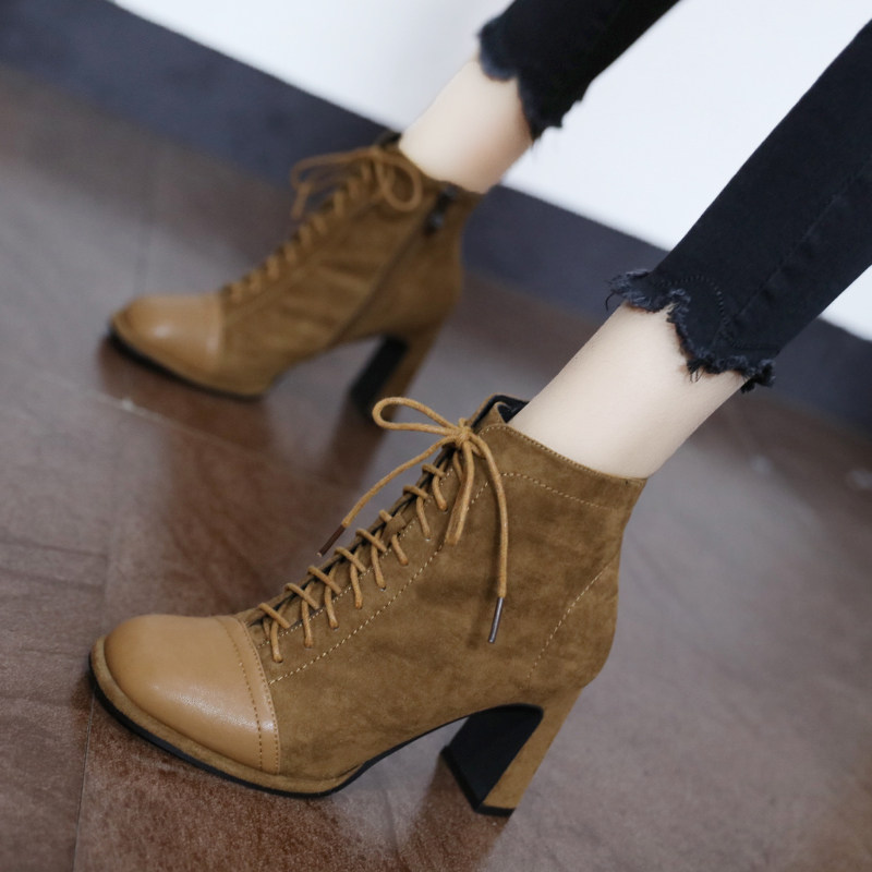 Hong Kong 2022 round head strap Martin boots female British style short boots net red velvet thick heel high-heeled boots new style in autumn and winter