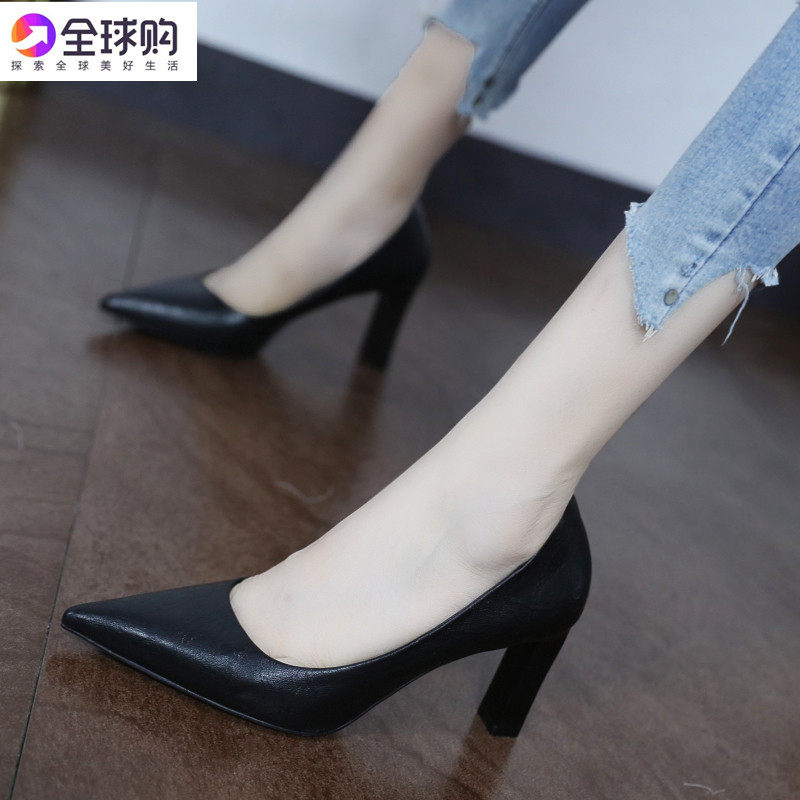 Hong Kong Rough Heel Single Shoe Woman 2022 Spring Summer Style Light Mouth 100 Hitch Black Career Working High Heels Lady Pointy Shoes