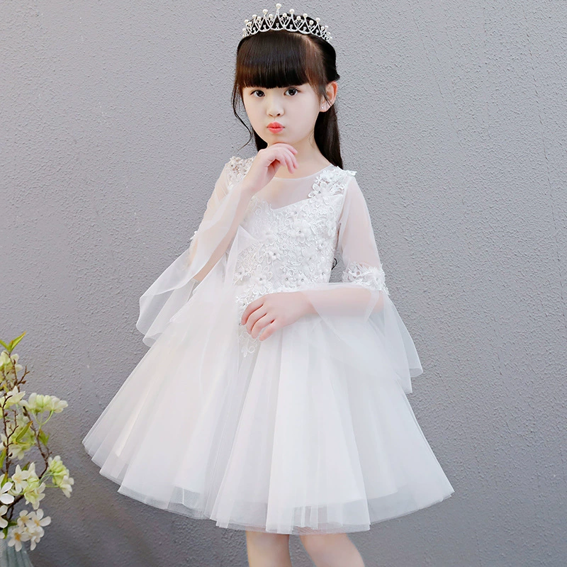 Cô gái công chúa váy fluffy gạc hoa trắng cô gái váy cưới trẻ em trang phục piano sinh nhật bên váy chủ nhà nhỏ - Váy trẻ em
