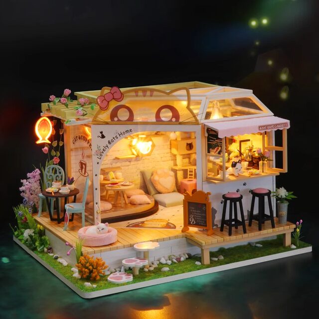 DIY Wooden Assembly Toy Miniature House Model for the Backyard of a Cat Cafe, a Birthday Gift for Girls