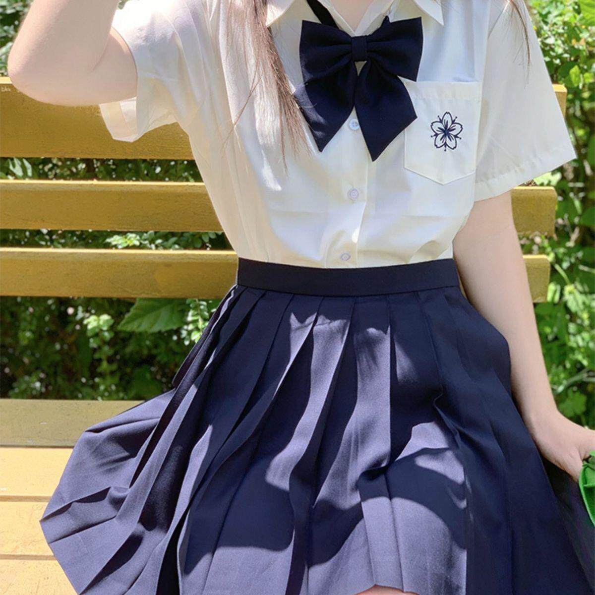 jk制服加工定制 樱木北短袖百褶裙套装 jk衬衫日系白蓝色刺绣女衬衣春jk制服