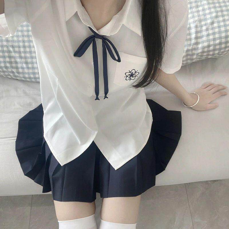 jk制服加工定制 樱木北短袖百褶裙套装 jk衬衫日系白蓝色刺绣女衬衣春jk制服