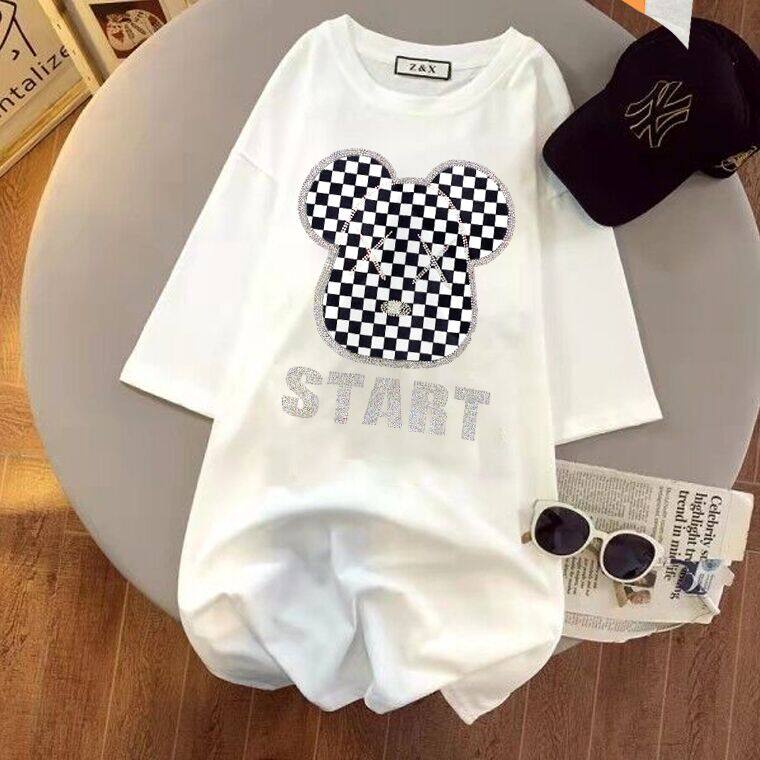 【谁穿谁瘦】纯棉中长款打底衫女烫钻棋盘格蕾丝拼接长袖T恤上衣详情9