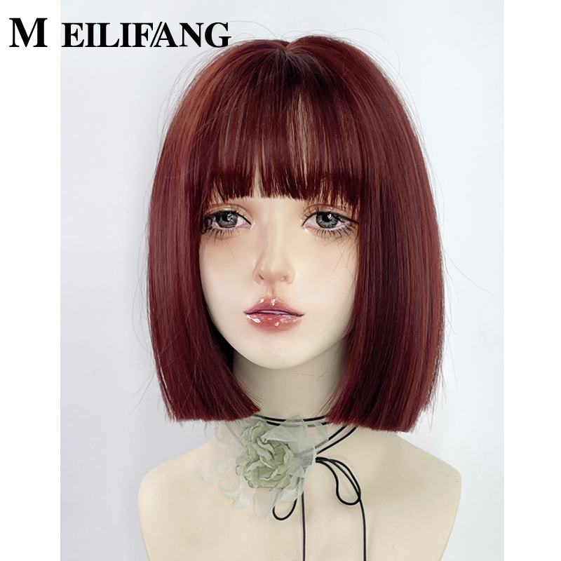 One-Piece Wig, Red Short Hair, Full Head Wig, Bob Straight Hair, Colorful Lolita Red Hair, Y2K Shoulder-Length Hair