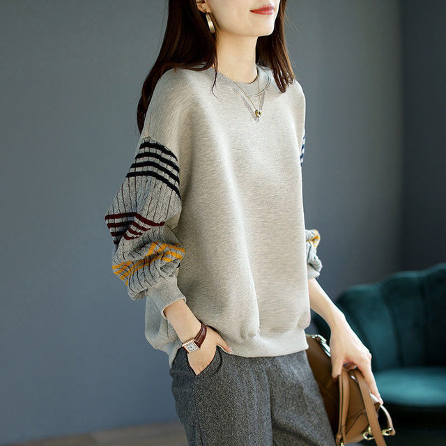 Round neck fleece sweater autumn and winter knitted stitching loose lazy wind pullover all-match casual long-sleeved warm top women