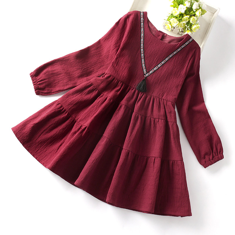 Girl Long Sleeve Foreign Dress CUHK Child Han Version Children Autumn Winter Clothing Pure Cotton Princess Dress Girl Red Ocean Dress