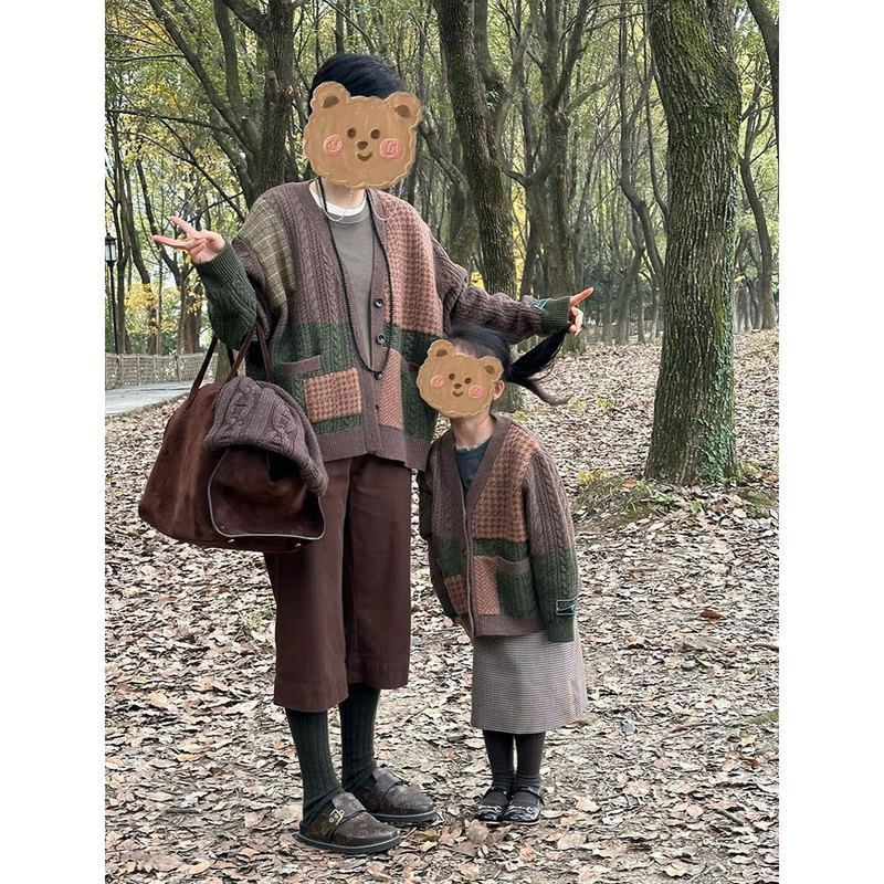 Owish Family Matching Outfits Patchwork V-Neck Wool Knit Cardigan Top Winter Street Style Loose Slimming Sweater Coat