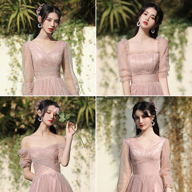 Pink bridesmaid costume fairy temperament 2021 new winter simple atmosphere long sleeve sister Group dress dress thin
