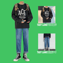tasy land original autumn letter print long sleeve T-shirt men loose versatile clothes Lnkdye ink dyed original