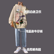 Lnkdye original Little Red Book tide man with a set of Autumn Tide brand graffiti print loose hooded sweater jacket
