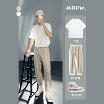 Little red book tide man wears summer loose pure short sleeve T-shirt pure cotton half sleeve with ice screen pants a handsome set