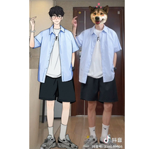 Daxiong small wearing summer sky-handsome striped short-sleeved shirt men casual relaxed harbour wind half-sleeve shirt suit