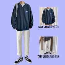 TASY LAND small red book wear 20 autumn embroidery print v collar long sleeve loose sweater men XT south wind original