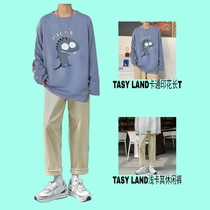 TASY LAND original autumn cartoon print long sleeve T-shirt men loose versatile base shirt GF Little Red Book wear