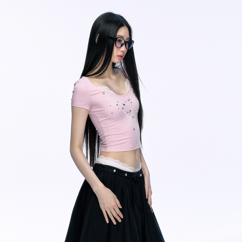 24Olvides Ballet Pearl Three-Color Knitted Slim-Fit Pearl Rhinestone U-Neck Lace Trim Top