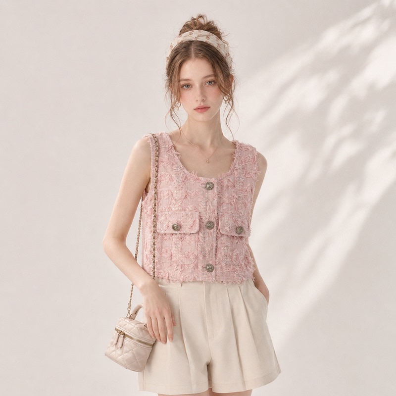 Gentle Pink Tweed Tassel Sleeveless Vest for Women, Summer 2026, Single-Breasted, Loose-Fitting, Short Top Gentle Pink Tweed Tassel Sleeveless Vest for Women, Summer 2026, Single-Breasted, Loose-Fitting, Short Top