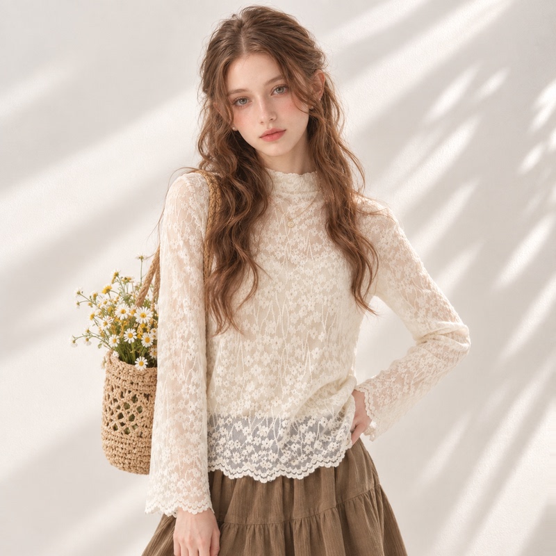 Korean Style Half-High Collar Hollow-Out Jacquard Lace Base Shirt for Women, Autumn Trendy Youthful Inner Layering Slightly Sheer Top