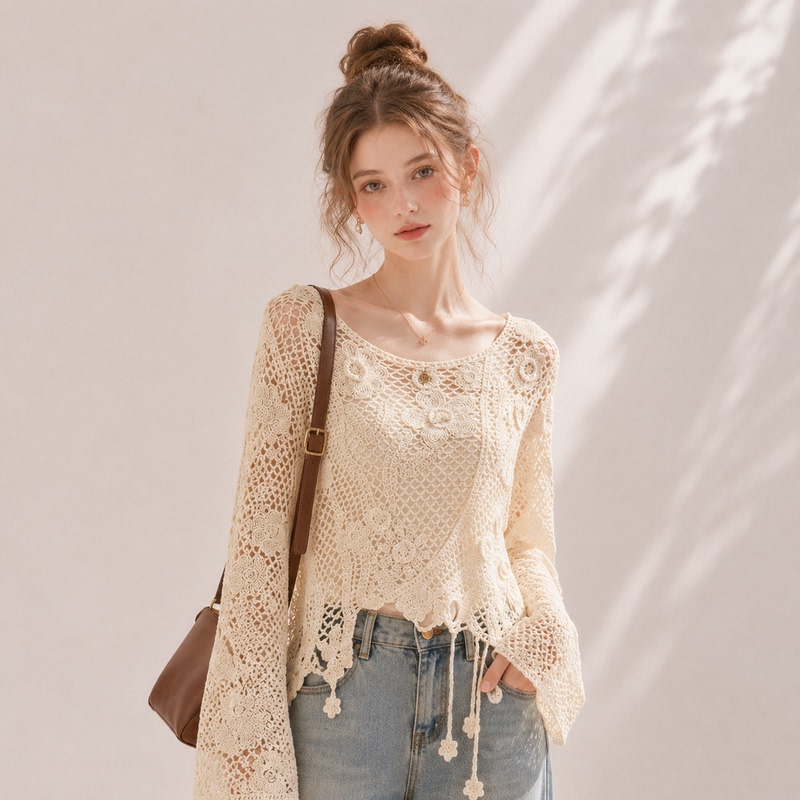 Retro Stereo Flower Cut Out Crochet Long-Sleeved Top for Women in Summer, Asymmetrical Lace-Up Thin Sun Protection Outer Blouse Retro Stereo Flower Cut Out Crochet Long-Sleeved Top for Women in Summer, Asymmetrical Lace-Up Thin Sun Protection Outer Blouse