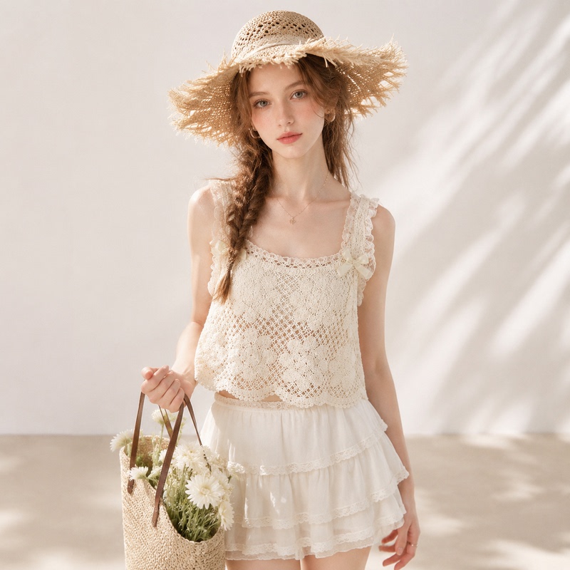 Forest-Style Hollow Crochet Lace Camisole for Women, Summer 2026, Bow-Knot Short Sleeveless Outerwear Top Forest-Style Hollow Crochet Lace Camisole for Women, Summer 2026, Bow-Knot Short Sleeveless Outerwear Top
