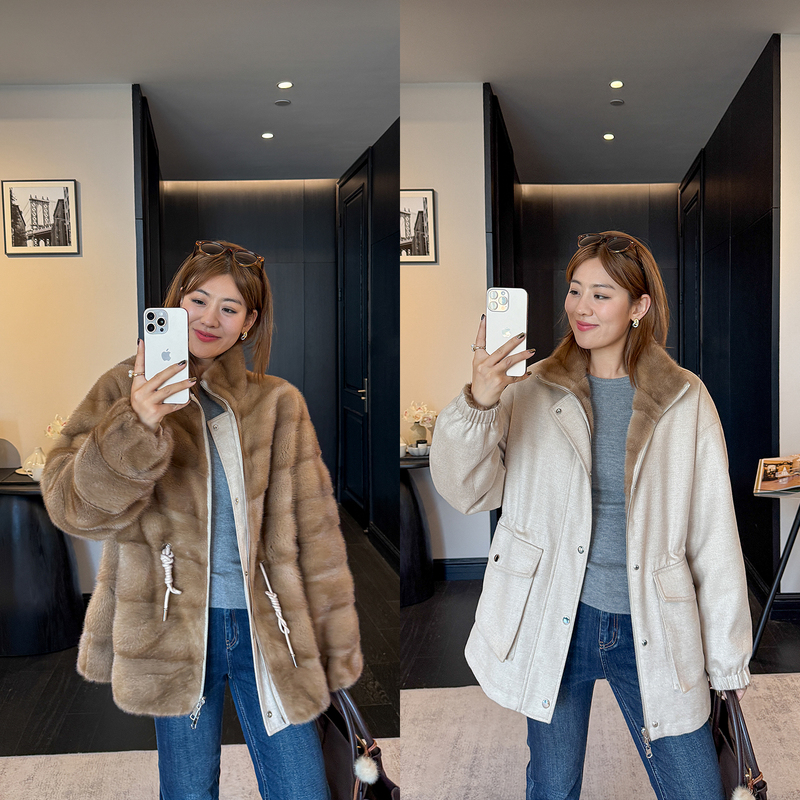 Jomode `Pasjiao Whole Mink Lining` Mulberry Silk Camel Hair Reversible Parka Business Commuter Jacket