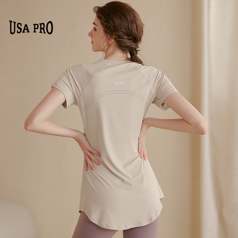 2023 New Yoga Woman in the middle of the long - shaded hipper slim T - shirt running fitness suit in summer