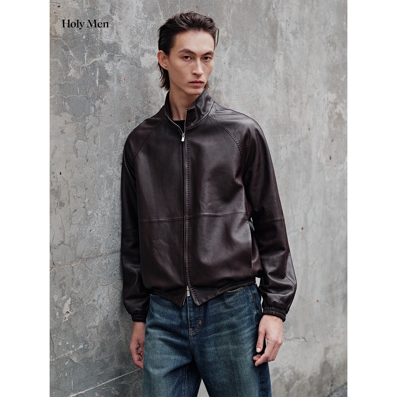 Holymen |   Turkish Vegetable-Tanned Sheepskin Full-Grain Leather Stand Collar Zip-Up Jacket Men's Leather Coat