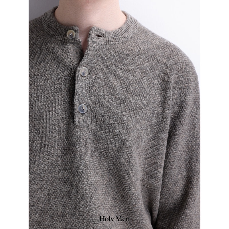 Holymen |   Merino Fancy Yarn Pure Wool Toggle Button Henley Collar Sweater Pullover for Men