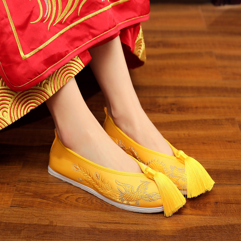 Golden Xiuhe Shoes, Wedding Shoes, Yellow Chinese-Style Flat Cloth Shoes, 2021 New Bride Wedding Shoes, Women's Queen Hanfu Shoes