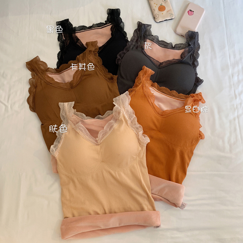 Hồng Kông kiểu ren sling cô gái ấm lên cô gái mùa thu 2019 / mùa đông mới của Hàn Quốc phiên bản cộng với ngực đệm lót bên trong cộng với nhung.