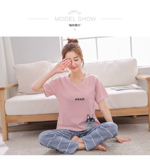 Bộ đồ ngủ nữ mùa hè cotton ngắn tay dài phần mỏng Cô gái mùa hè Hàn Quốc dễ thương hoạt hình cotton mặc nhà shop đồ bộ nữ