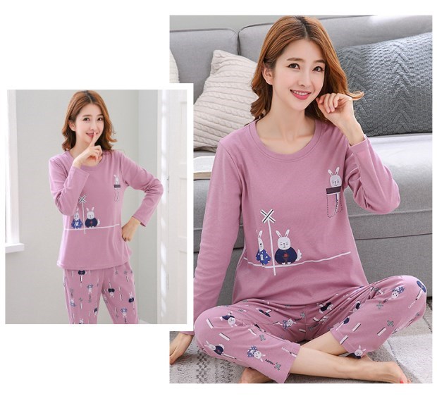 Đồ ngủ nữ mùa thu và mùa đông cotton dài tay phiên bản Hàn Quốc của phụ nữ hoạt hình dễ thương màu xám có thể mặc một bộ đồ giản dị phục vụ tại nhà đồ mặc nhà