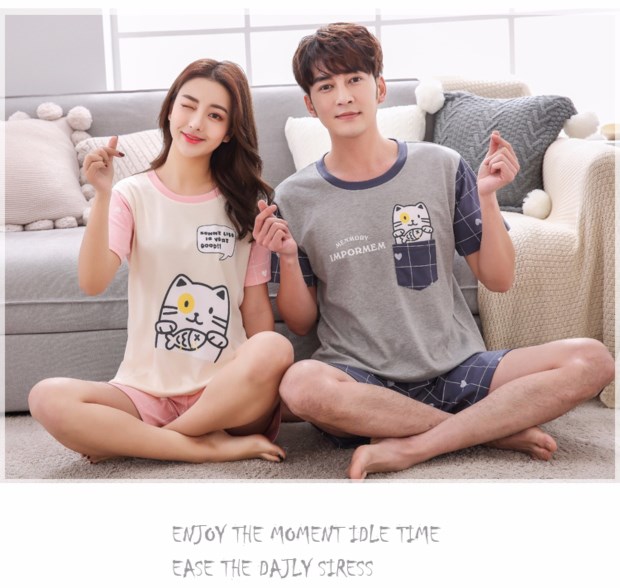 Bộ đồ ngủ đôi mùa hè cotton tay ngắn phần bé gái Phiên bản Hàn Quốc của bộ đồ ngủ dễ thương hoạt hình cotton nam phục vụ nhà nữ đồ bộ cát hàn