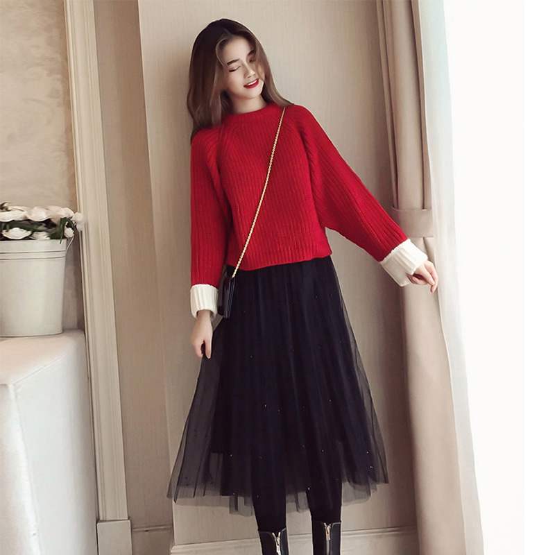 Sandro Moskoloni autumn winter new female Korean version of the Korean version Two-style suit net red sweater dress with mesh dress damp