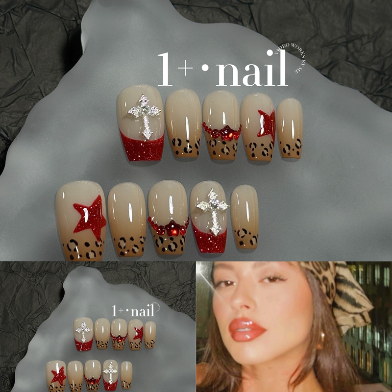 1+【Mildly Spicy】Melard Color Series Small Leopard Print Spicy and Hot Leopard Print Red Star Handmade Wearable Nails