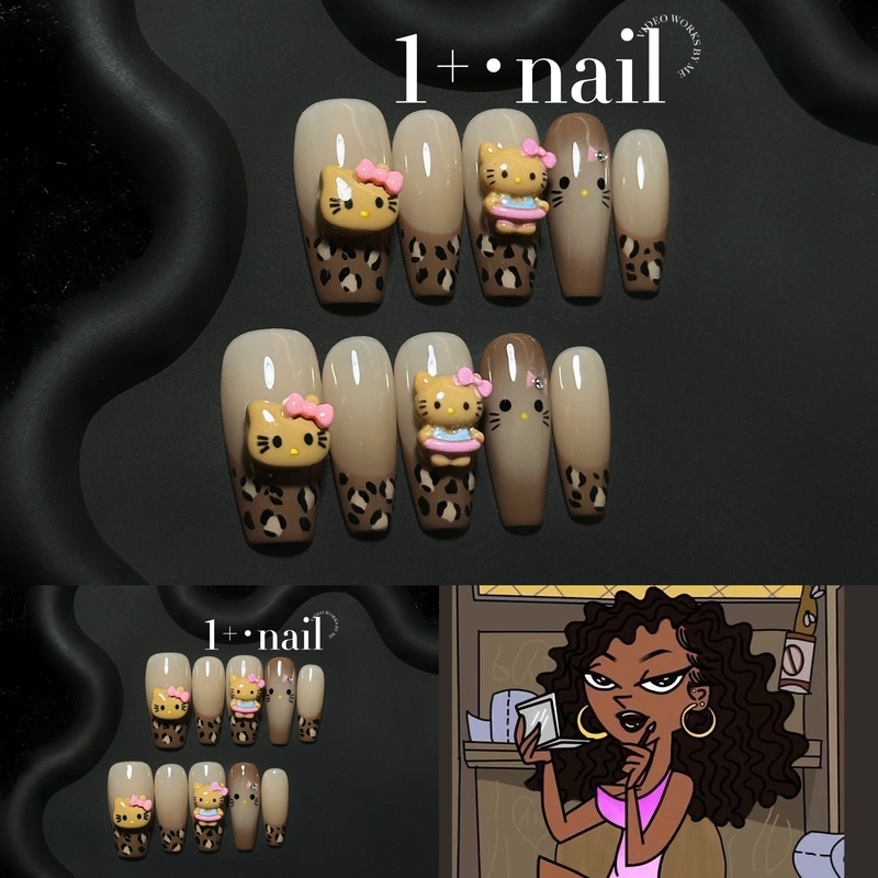 1+Nail [Spicy Katie] Black Leather Kitty Shibuya Sexy Gal Series Pure Handmade Wearable Nails