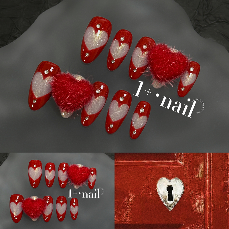 1+【True Love】Hollow Heart Plush Red Pure Desire Princess New Year Edition Handmade Wearable Nails